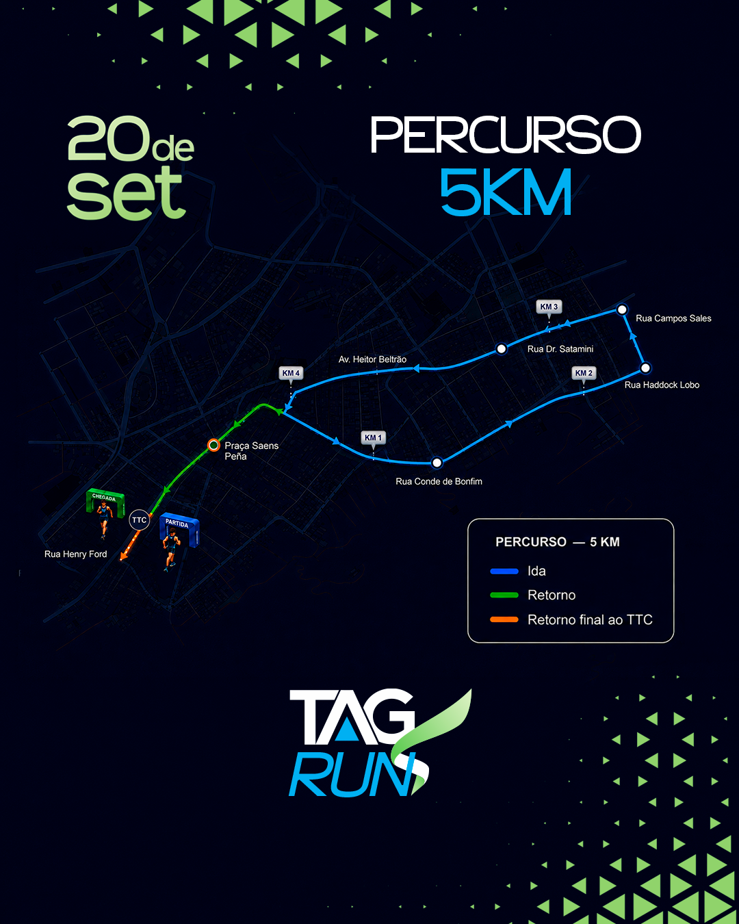 Arte do percurso de 5 km da TAG RUN 2026 pelas ruas da Tijuca